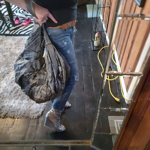 CHANEL SILVER LEATHER LACE UP WEDGE DUSTRESSED BOOTIES O8P - Picture 2 of 16